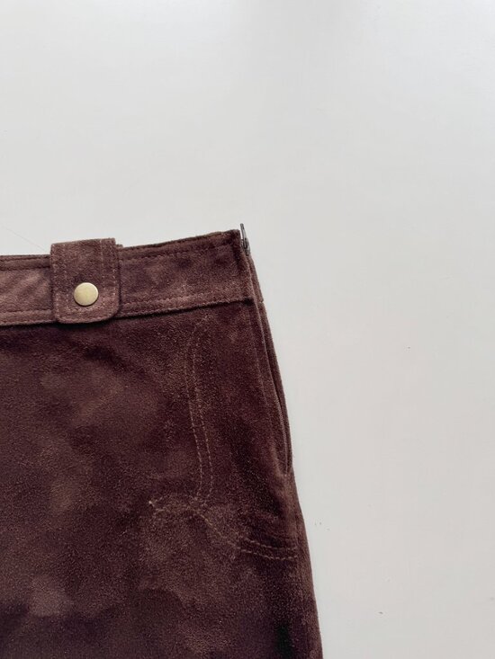 Vintage 00's DANIER Brown 100% Leather Suede Western A-Line Mini Skirt, Size 6 - Picture 4 of 15